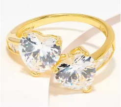 Diamonique Double Heart Ring, Sterling Silver - Yellow, 9