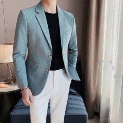 Mens Simple Sophisticated Casual Single-Breasted Two-Button Suit - Light Greenish Blue, L