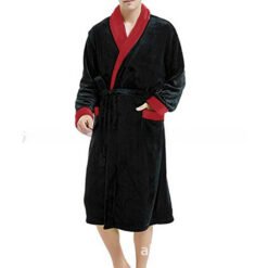 Men's Large Size Bathrobe Long Sleeve Nightgown - Lapel Black And Red Combo, L