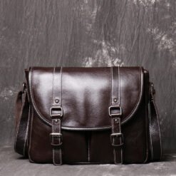 Mens Full-Grain Leather Large-Capacity Shoulder Bag - Dark Coffee Color