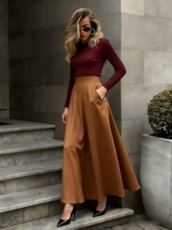 Elegant Solid-Color Skirt For Women - Khaki, S