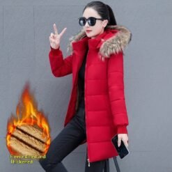 Detachable Hooded Mid-Length Padded Coat With A Big Fur Collar - Red, L