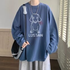 Cartoon Puppy Printed Long Sleeve T-shirt - Haze Blue, 3XL