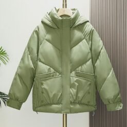 Womens Loose Padded Short Hooded Bread-Style Cotton Jacket - Matcha, 3XL