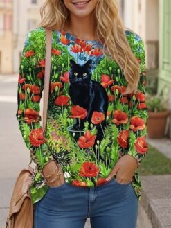 Womens Casual T Shirt With 3D Printed Crew Neck And Long Sleeves - WA28ZQ250325Y090, 4XL