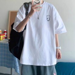 Cotton Short Sleeve Plus Size Loose Round Neck Print - Faceless Bear White, XXXL