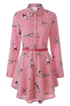 Long sleeve women's striped shirt - Red Printed Bird, M