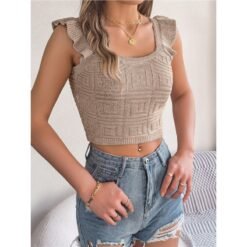 Sleeveless Knitted Crop Top With A Midriff-baring Design - Khaki, XL