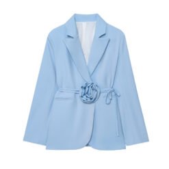 Womens Loose-Fit Lace-Up Blazer With 3D Floral Embellishments - Light Blue, S