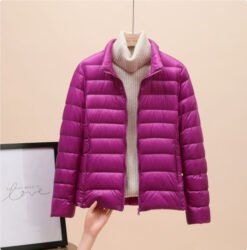 Womens Lightweight Padded Short Down Jacket - Purple Stand Collar, 6XL