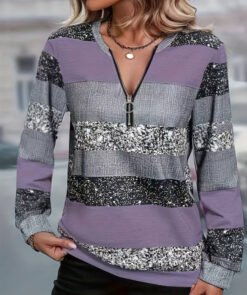 Womens FallWinter Crew-Neck Printed Loose-Fit Zip-Up Hoodie With Long Sleeves - NLW04349, L