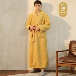 Autumn And Winter Thickened Cotton Velvet Nightgown Men's Winter Plus-sized Plus Size Light Luxury Couple Bathrobe Women's Extended Pajamas - 2102 Cherry Yellow Male, M