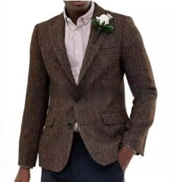 Mens Brown And Gray Herringbone Wool Suit Jacket - Dark Brown, XS