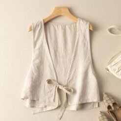 Versatile Ethnic-Style Cotton-Linen Solid-Color Lace-Up Vest Top For Women - Apricot, 2XL