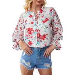 Shiying Autumn Lightweight Floral Chiffon Blouse With Long Sleeves - Red, 2XL