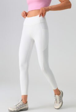 Mesh Side-pocket Stretchy Athletic Leggings - Milky White, XL