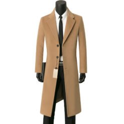 Mens Stylish Casual Wool Mid-length Coat - Khaki, L
