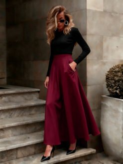 Elegant Solid-Color Skirt For Women - Wine Red, L