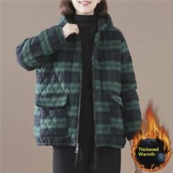 Short Cotton-padded Coat In Plaid For Fall And Winter - Green Plaid Thickened, 4XL