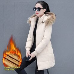 Detachable Hooded Mid-Length Padded Coat With A Big Fur Collar - Beige, M