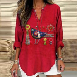 Womens Creative Printed V-Neck Long-Sleeve T-Shirt - JLTX02 TCFS5017, S