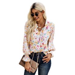 Shiying Autumn Lightweight Floral Chiffon Blouse With Long Sleeves - Pink, S