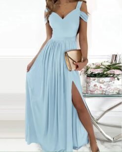 Long Floor Length Elegant Greek Style Pleated Dress - Sky blue, S