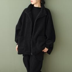 Plus-size Loose-fitting Long-sleeve Womens Casual Lambswool Coat - Black, XL