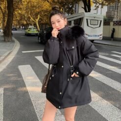 Womens Stylish Casual Loose-fitting Cotton-padded Coat - Black, M