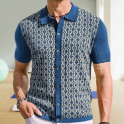 Summer Tencel Short-sleeved Sweater Lapel Jacquard Cardigan For Men - Blue, S