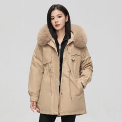 Mid-length Versatile Cotton Coat That Hits Below The Knee With A Fur-trimmed Collar - Khaki, L