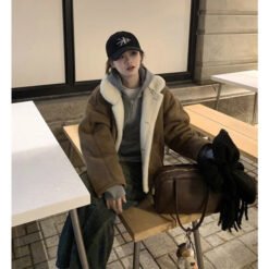 Winter Loose-fitting  Versatile  Fleece-lined  Thickened  And Warm Leather-and-fur Piece - Brown Composite Velvet, S