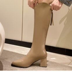 FallWinter Plus-Size Womens Chunky-Heel Pointed-Toe Mid-Calf Fashion Boots In A Casual Style - Khaki, 35