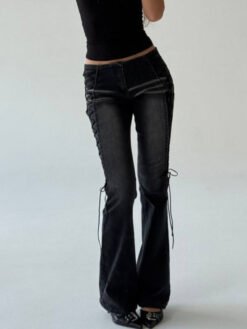 Washed Distressed Side Lace-Up Flare Jeans - Black, XS