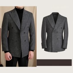 Tailored Wool-blend Herringbone Double-breasted Suit - Gray, M