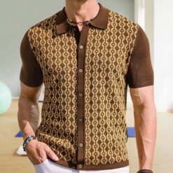 Summer Tencel Short-sleeved Sweater Lapel Jacquard Cardigan For Men - Brown, XL