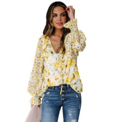 Shiying Autumn Lightweight Floral Chiffon Blouse With Long Sleeves - Yellow, M