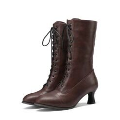 Cross-front Lace-up Low-heeled Womens Mid-calf Boots - Dark Brown, 37