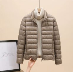 Womens Lightweight Padded Short Down Jacket - Khaki Stand Collar, XL