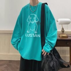 Cartoon Puppy Printed Long Sleeve T-shirt - Lake Blue, L