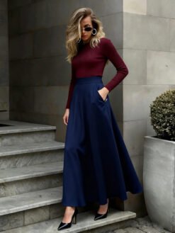 Elegant Solid-Color Skirt For Women - Navy Blue, 5XL