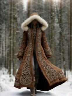 Long Loose-fitting Hooded Coat With A 3D Digital Print - Brown, M