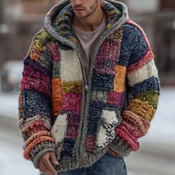 Mens Digital Plaid-Print Hoodie Coat - Multicolor, XXS