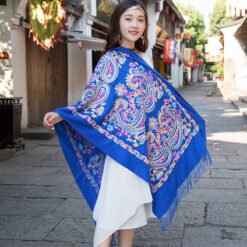 Embroidered Ethnic-Style Great Wall Cashew-Pattern Embroidery Cashmere Scarf - Sapphire Blue, 200cm