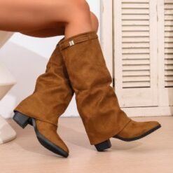 Autumn Chunky-Heel Plus-Size British-Style Over-the-Knee Boots - Brown Cloth Cover, 36