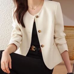 Womens Casual Cropped Jacket With A Crew Neck - Apricot, S