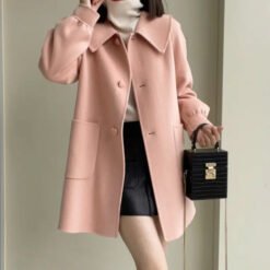 Womens Stylish Casual Doll-Neck Wool Coat - Pink, M