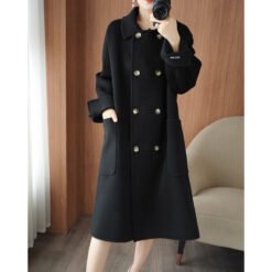 Long Below-the-Knee Double-Breasted Wool Coat In Korean Style - Black, S