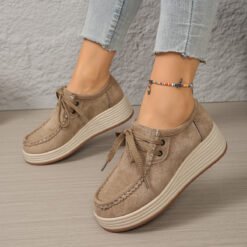 European And American-style Chunky-soled Womens Pumps With Front Laces Casual Chunky-soled Shoes - Khaki, 38