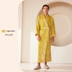 Extended Autumn And Winter Coral Fleece Bathrobe - Light Yellow, XL